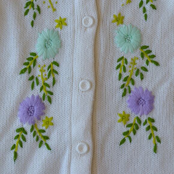 Cottagecore Floral Embroidered White Cardigan Sweater – Soft & Cozy - Picture 3 of 4